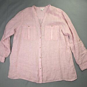 J Jill Love Linen Shirt Womens Medium Petite Pink Blouse Tunic Roll Tab Relaxed